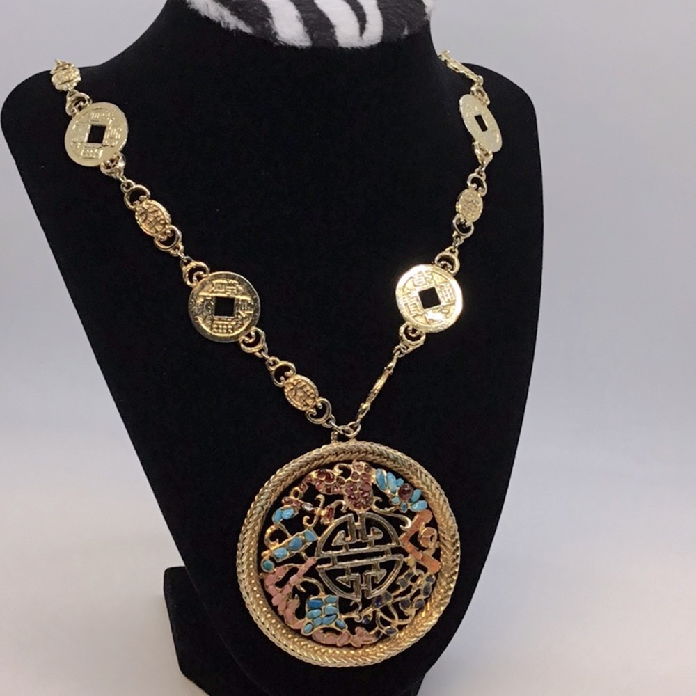 Vintage Swoboda Asian Good Luck Semi-precious Stones Statement Pendant Necklace.